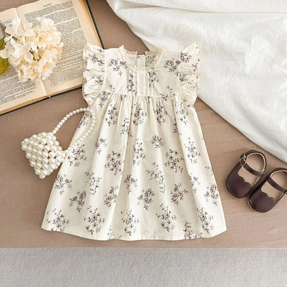 Summer Girls Dress Children's Clothing Bow Embroidered Flower Collar Girl's Dress Cartoon Printed Flying Sleeves Princess Dress