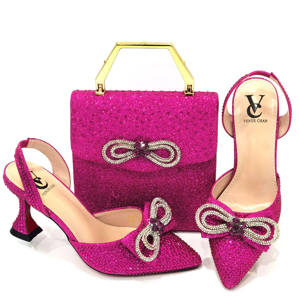 Rhinestone Bow Side Empty Party High Heels Pointed Toe Stiletto Heels Silver Women's Shoes And Bags