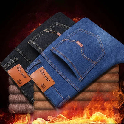 Men New Fashion Winter Warm Jeans Male Fleece Lined Thickened Denim Pants Loose Straight Comfortable Casual Black Blue Trousers