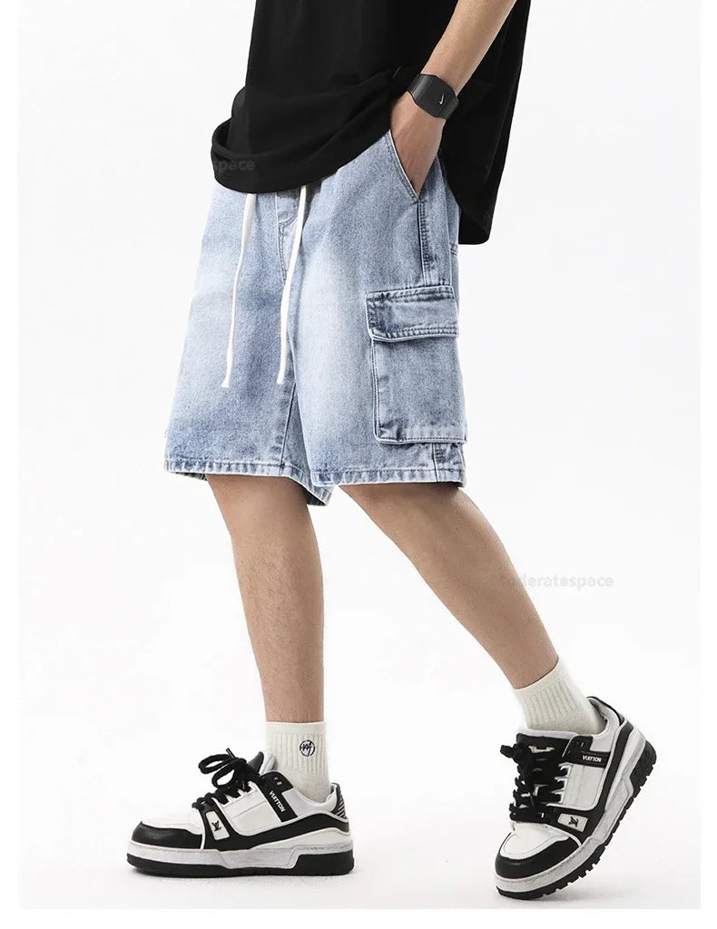 Summer Retro Fashion Denim Shorts for Men Loose Straight Leg Multi-pocket Short Jeans With Elastic Waist and Drawstring Male
