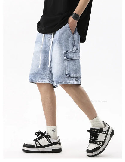 Summer Retro Fashion Denim Shorts for Men Loose Straight Leg Multi-pocket Short Jeans With Elastic Waist and Drawstring Male