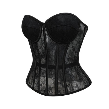 Black See Through Floral Lace Boned Push Up Cup Corset Lingerie Body Shaper Woman Bustier Crop Top Gothic Exotic Corsetto Nero