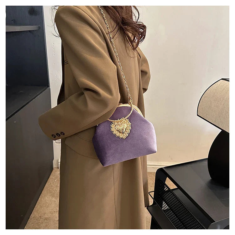 Velvet Frame Heart Dinner Hand Bags Diamonds Chains High Quality Shoulder and Crossbody Bags for Women 2024 Fashion Hot Sale