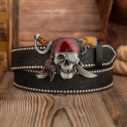 Oil-dripping Pirate Blindfolded skull buckle, retro and fashionable skull PU embossed rivet belt, unisex belt