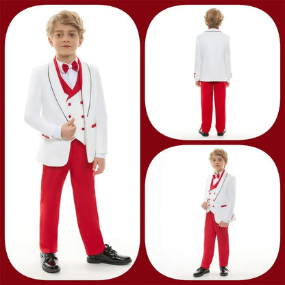 Stylish Occasion Wear Kids White Red Contrast Formal Multi Piece Suit Set Eye Catching Design Perfect For Festival Performance