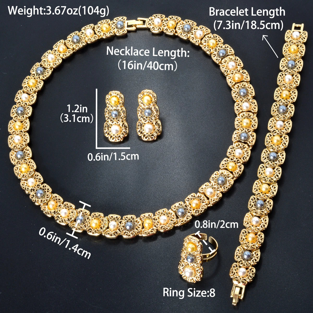 Conjunto de joias de luxo Dubai para mulheres, moderno, colar de pérolas, pulseira, anel, brincos, conjunto de joias banhadas a ouro 18k