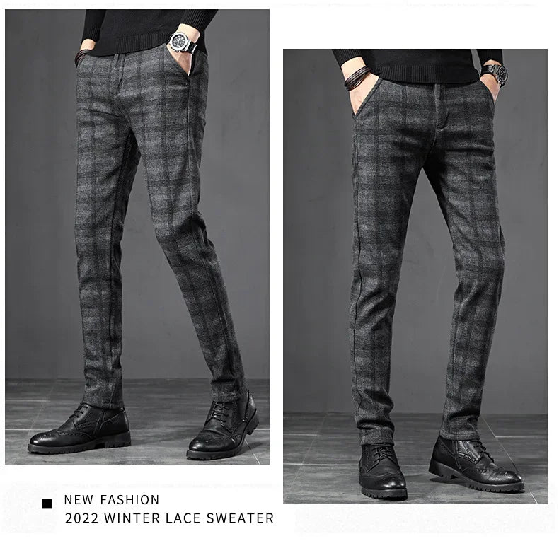 Autumn Men's Brushed Plaid Casual Pants Korean Style Gray Elastic Straight Slim Fit Fashionable Work Pants Blue and Black Male