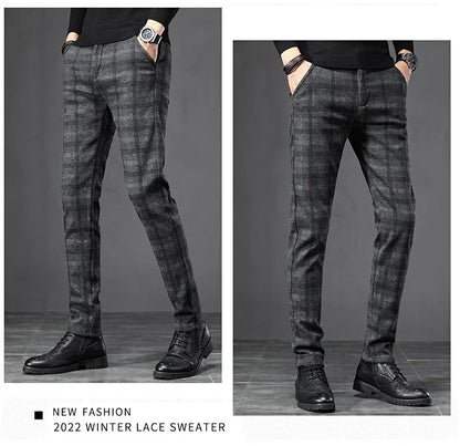Autumn Men's Brushed Plaid Casual Pants Korean Style Gray Elastic Straight Slim Fit Fashionable Work Pants Blue and Black Male