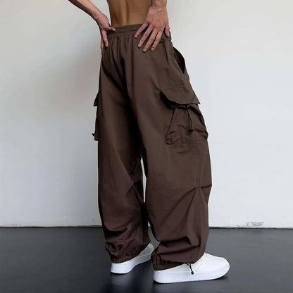 Cool Streetwear Versatile Quicky Drying Wide Leg Low Waist Drawstring Cargo Trousers Fashion Daily Casual Pockets Pants For Male