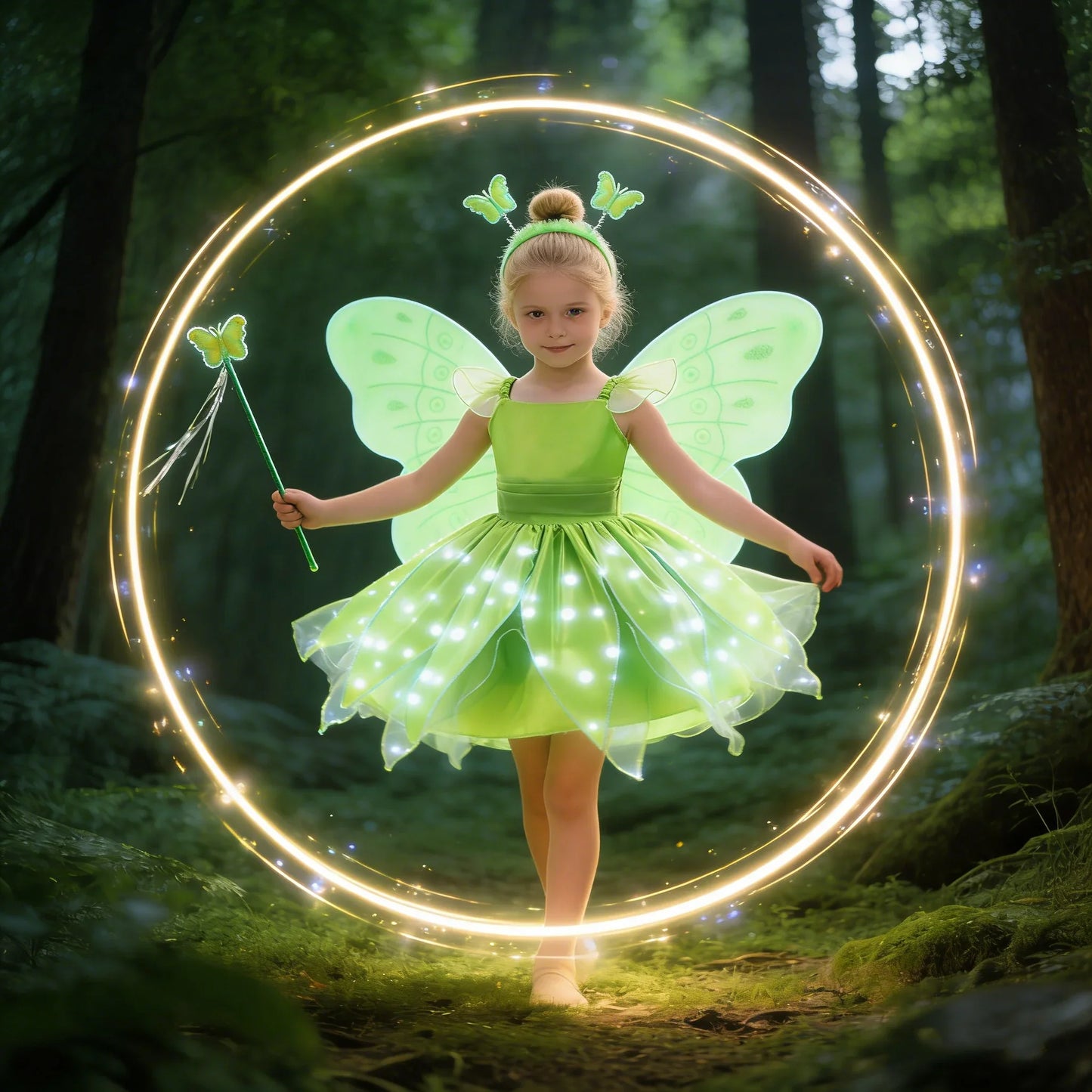 Childern Princess Dress For Girls LED Light With Flower Fairy Dress Up Kids With Wings Halloween Elves Party Tinker Bell Dress