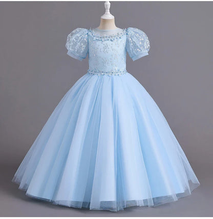 8901 Vestido Infantil para Meninas de 4 a 12 anos Princesa Lantejoulas Manga Bufante Longo Tule Florista Casamento Verão Pequeno