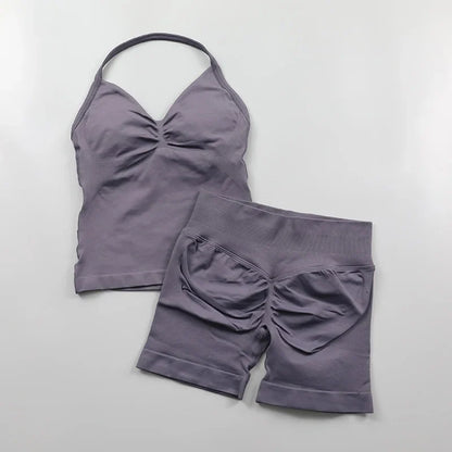 Yoga Longline Strappy Top Leggings Set Women's Backless Camisole Built-In bra Vest High-Waisted Hip Lift Gym Shorts Sports Set
