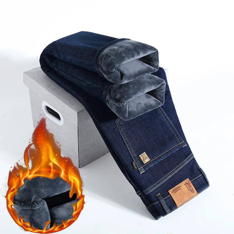 28-40 Large Size Winter Men Plush Thick Fleece Trouser Lambswool Thermal Jeans Casual Pants Windproof Warm Cotton Denim Pants
