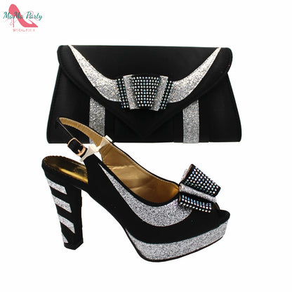 Fashion Pretty Peep Toe African Women Shoes Matching Bag Set in Silver Color Elegant Style Platform Sandals for Party