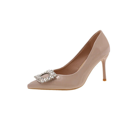 Sapatos femininos 2025 Outono Moda Nova Sexy Banquete Salto Alto - Fivela Quadrada de Cristal Confortável para usar com Vestido Bico Fino