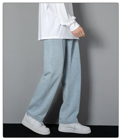 2026 New Korean Men's Casual Long Jeans Classic Man Straight Denim Wide-leg Pants Solid Color Light Blue Black 3XL Cargo Jean