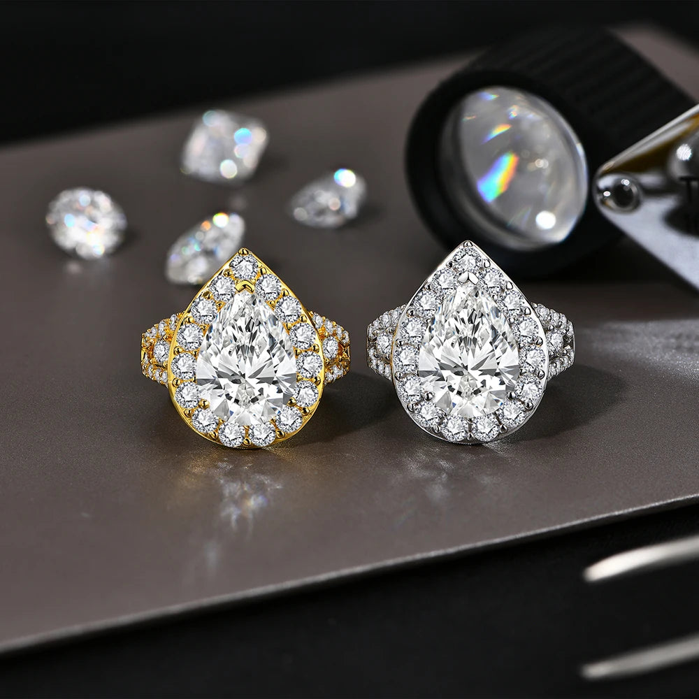 6CT Moissanite Rings D VVS1 Pear Cut Lab Diamond 925 Silver 18K Gold Plated Luxury Engagement Wedding Jewelry for Women