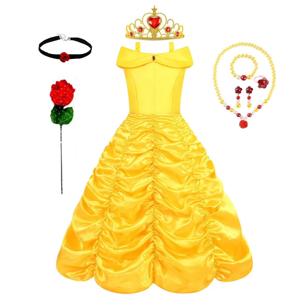 Fantasia Bela Adormecida Menina Vestido Amarelo Halloween A Bela e a Fera Fantasias Festa de Aniversário Meninas Roupas Infantis Vestido de Baile