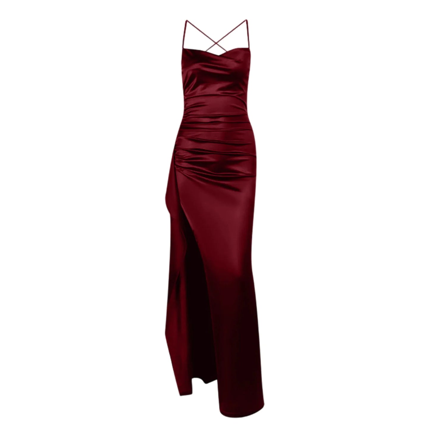 Women's Fashion Elegant Fitted Pleated Slit Satin Gown Solid Color Sleeveless Backless Long Dresses Summer Satin Party Dress