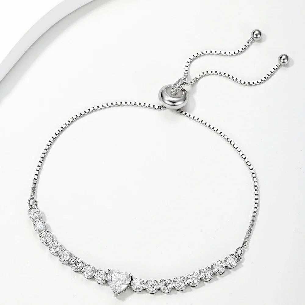 2.5mm Full Moissanite Tennis Riviera Bracelet With 6mm Heart Cut Diamond Adjustable Wrist Chain S925 Silver for Women Jewelry