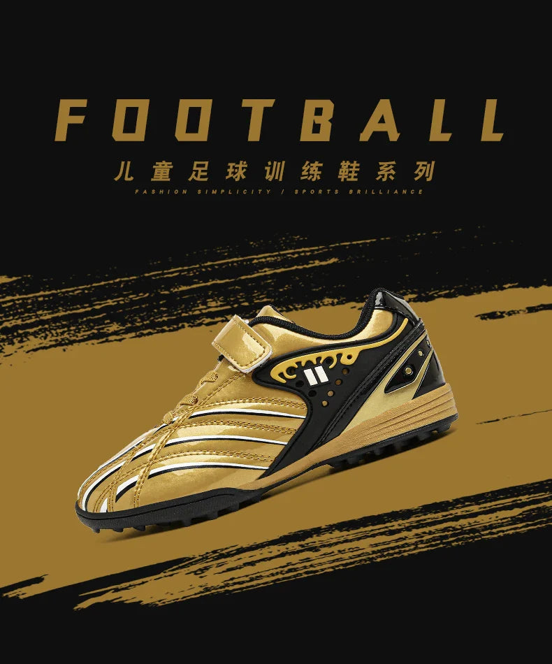 Fashion Gold Children's Football Shoes Outdoor Non-slip Turf Soccer Shoes Kids HOOK&LOOP Low-cut Sports Sneakers Child Trainers