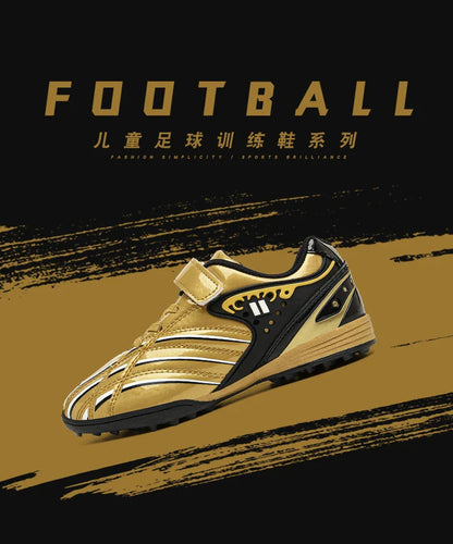 Fashion Gold Children's Football Shoes Outdoor Non-slip Turf Soccer Shoes Kids HOOK&LOOP Low-cut Sports Sneakers Child Trainers