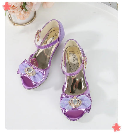 Girls Princess Sandals Summer Open-toe Elegant Children High Heels Fashion Sequins Crown Kids Causal Glitter Wedding Dress Shoes