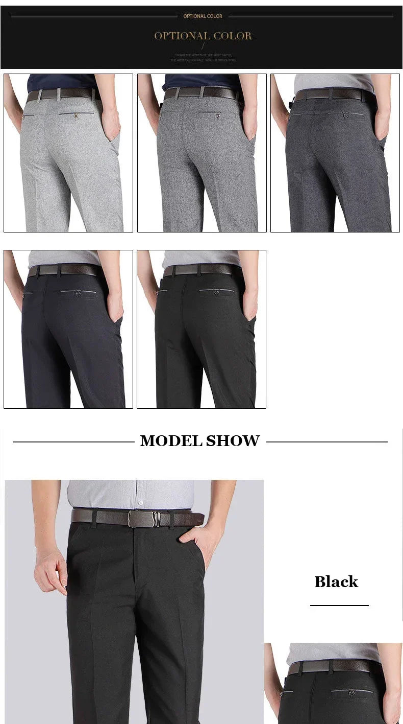 New Arrival Mens Casual Business Pants Man Mid Full Length Soft Trim Brand Trousers Regular Straight Black Grey Large Size 28-40