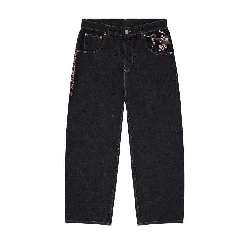 Y2K Goth vintage jeans plum blossom embroidery Harajuku pattern denim fabric wide leg pants American style men women street wear