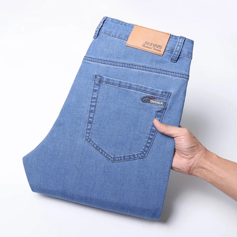2025 Spring Summer Thin Classic Men's Business Jeans Stretch Trousers Casual Straight Denim Pants  Brand Male Clothing 28-40