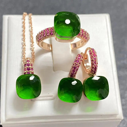 Conjunto de Joias Femininas 3 Peças - Anel, Brincos e Colar Banhados a Ouro Rosé com Zircônia Roxa Incrustada