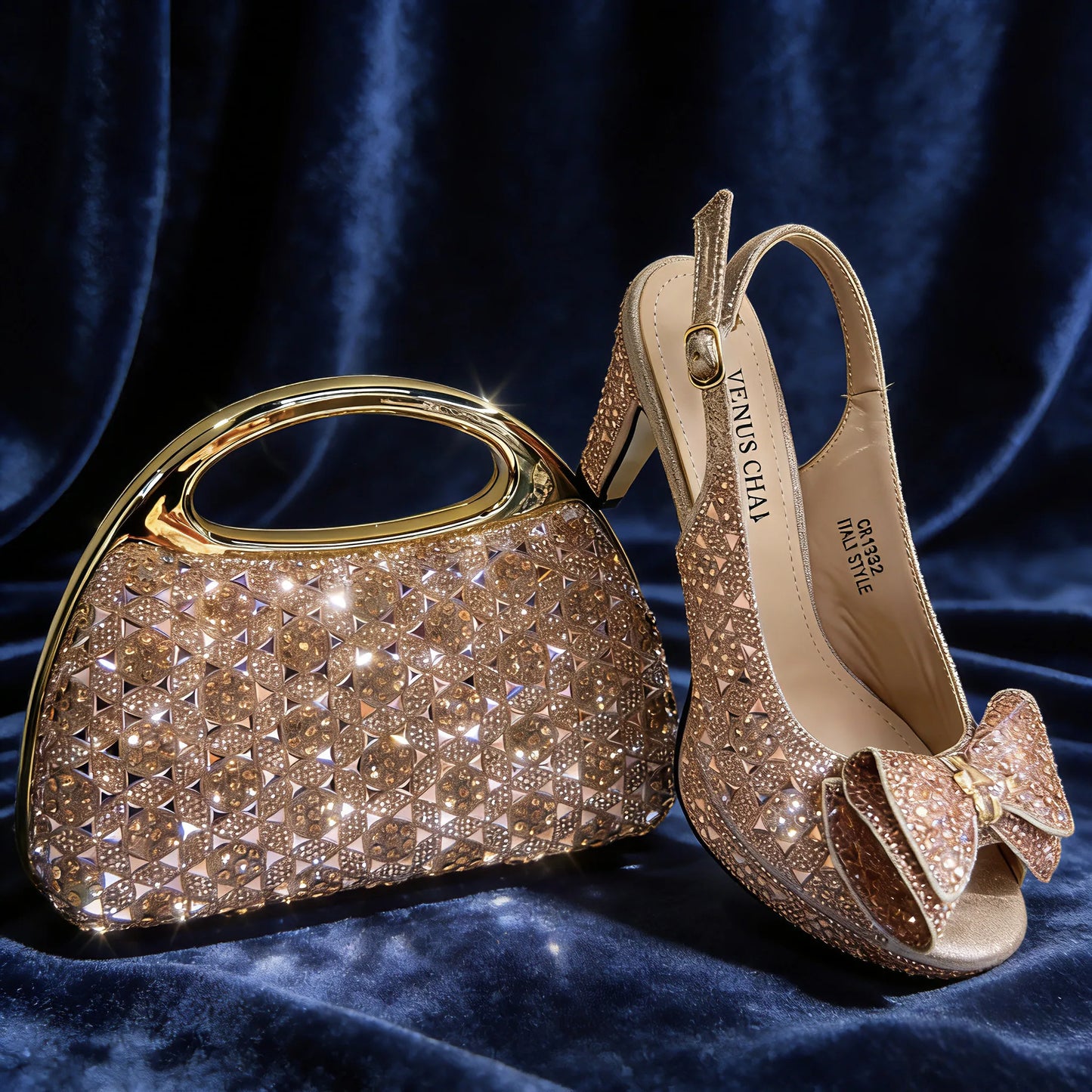 Conjunto de Sandálias de Salto Alto Peep Toe e Bolsa Chic Roxa Clara com Strass para Mulheres – Sapatos de Festa Italianos Elegantes Perfeitos para Casamentos