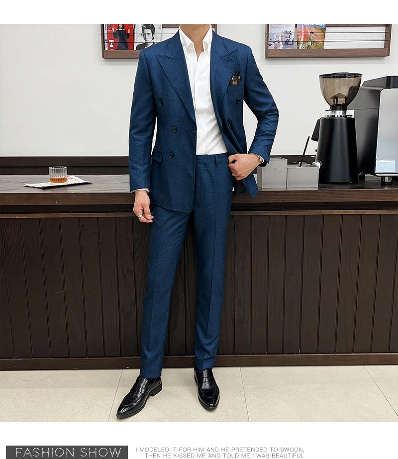 Men Vintage Luxury Double Breasted Slim Fit Lapel Evening Gown ltalian Style Fashion High-end Groom Wedding Party Tuxedo 2 Piece