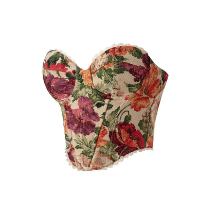 Vintage Flower Print Strapless Bandage Lace Fishbone Camisoles Women Summer Slim Fit Crop Tops Streetwear Tank 2025 Tube Tops