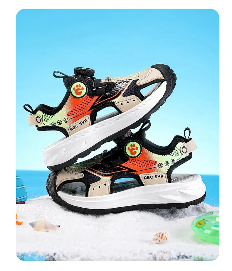 Kids Rotating Button Closed-Toe Sandals, Breathable Mesh Sport Shoes for Boys, Non-Slip Adjustable Summer Beach Sneakers