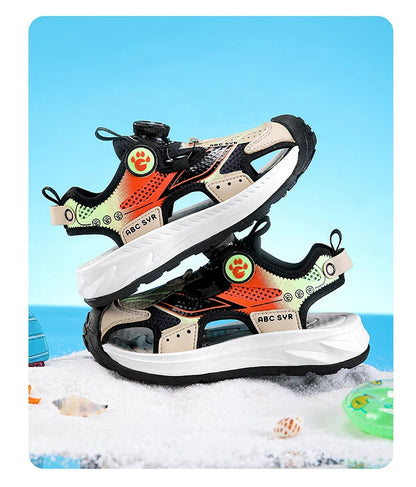 Kids Rotating Button Closed-Toe Sandals, Breathable Mesh Sport Shoes for Boys, Non-Slip Adjustable Summer Beach Sneakers