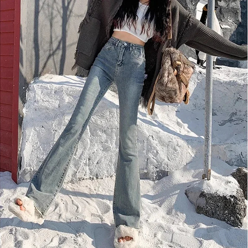 2024 Woman High Waist Vintage Flare Jeans Female Gothic Elastic Bell Bottom Pants Lady Streetwear Blue Black Grey Denim Trousers