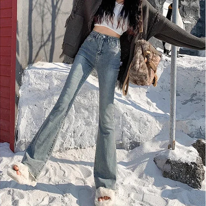 2024 Woman High Waist Vintage Flare Jeans Female Gothic Elastic Bell Bottom Pants Lady Streetwear Blue Black Grey Denim Trousers