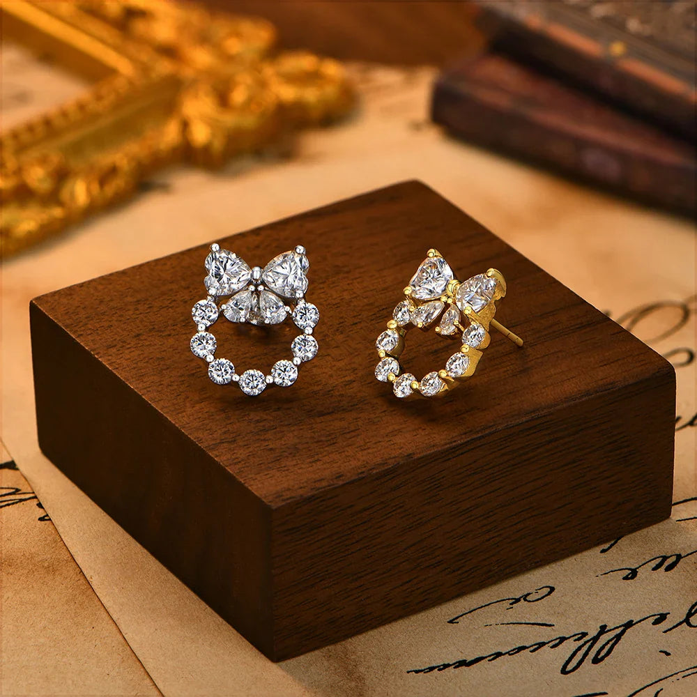 Heart Moissanite Earrings Bow Wreath Design S925 Silver 18k Gold Engagement Jewelry for Women Birthday Gifts Wholesale