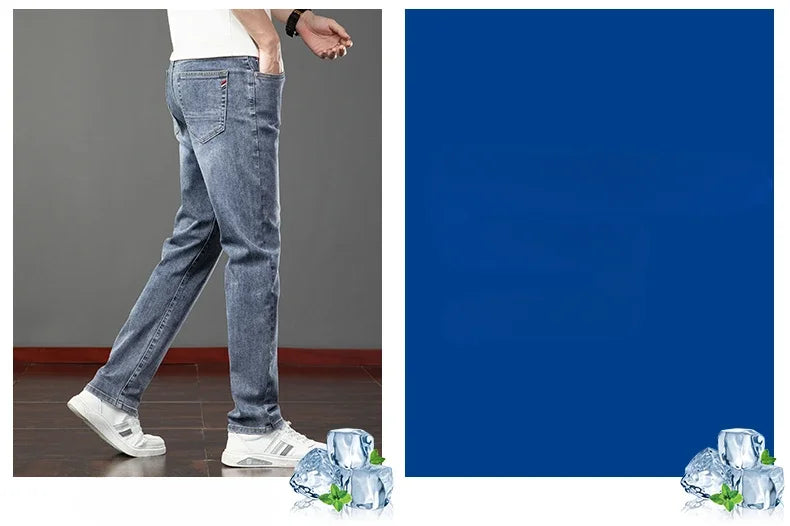 2026 Summer Men's Jeans Slim Fit Jeans Thin Stretch Straight Light Business Casual Denim Long Pants Male Classic Style Brand