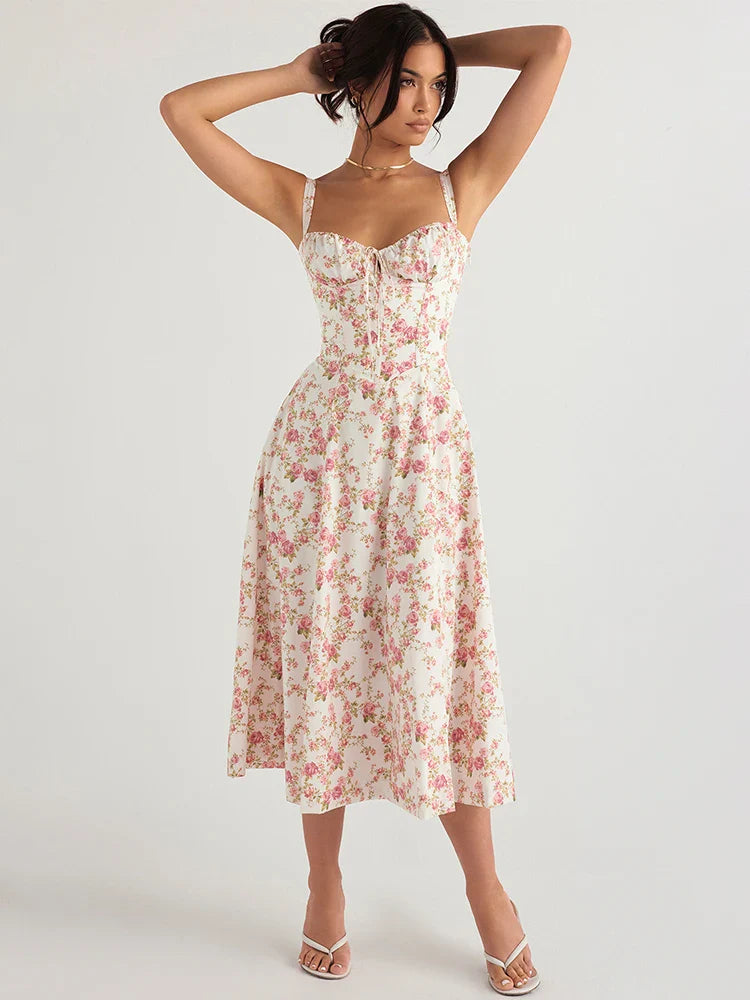 Women's Summer Floral Print Dresses Sweet Elegant Midi Holiday Dress Casual Slit Blue Lace Up Dresses 2023