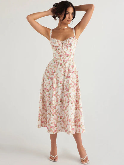 Women's Summer Floral Print Dresses Sweet Elegant Midi Holiday Dress Casual Slit Blue Lace Up Dresses 2023