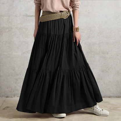 2025 Spring Summer Solid Skirts Vintage Women's Ruffle Sundress Casual Elastic Waist Long Vestidos Female Robe Femme Oversized