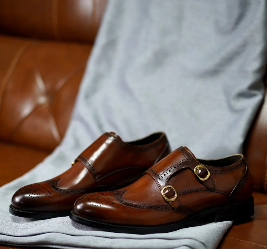 Classic Men Genuine Leather Dress Shoes Brogue Double Buckle Monk Strap Metal Buckle Business Office Wedding Formal Shoes