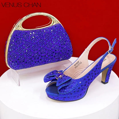 Style Dark Green Color Rhinestone Elegant High Heels Nigeria Popular Design African Ladies Shoes And Bag Set