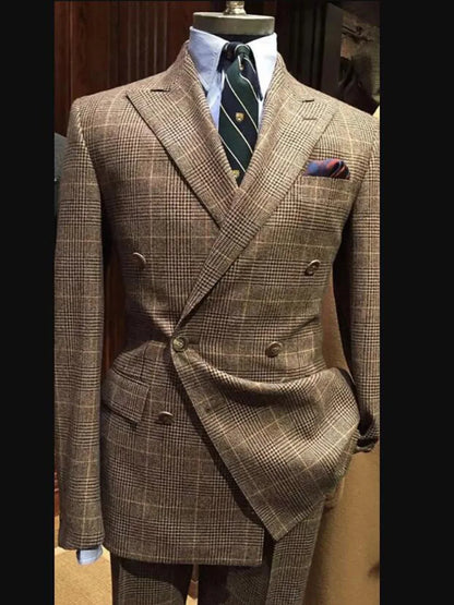 Houndstooth Men Suits 2 Pieces Sets Double Breasted Wide Peak Lapel Jacket Coat Business Blazers Customized Groom Wedding Tuxedo