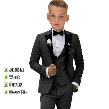 Newest Kids Suit Set 2-14 Years Single Button Boy's 4 Pieces Formal Suits Blazer Vest Pants Wedding Guest Tuxedo Piano Suit