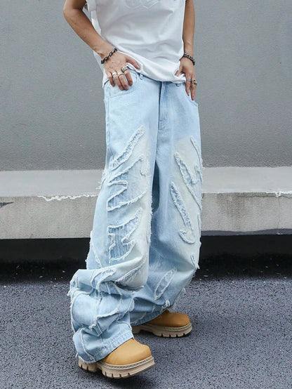 Men's trendy and cool denim wide-leg pants for all seasons featuring unique patchwork patterns, light blue street-stunning style