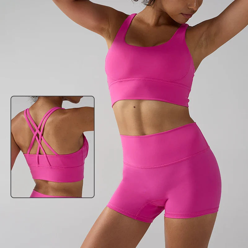 2 Pieces Solid Color Women Gym Yoga Set Cycling Short Legging Cross Sport Bra Tracksuit Suit Comprehensive Training Jog Athletic