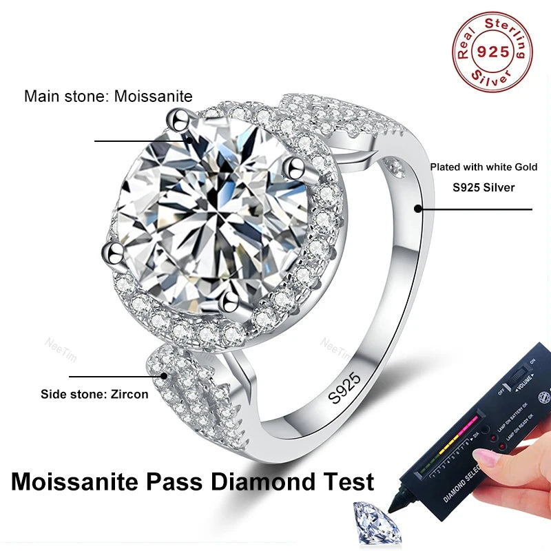 5ct D Color Moissanite Engagement Ring S925 Sterling Silver with White Gold Plated Luxury Wedding Ring for Women Jewelry